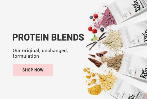 Free Soul protein blends on a white background with a pink 'shop now' button